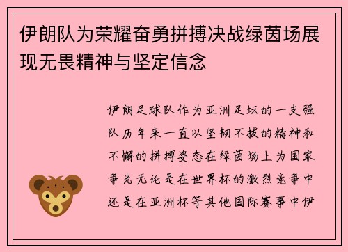 伊朗队为荣耀奋勇拼搏决战绿茵场展现无畏精神与坚定信念