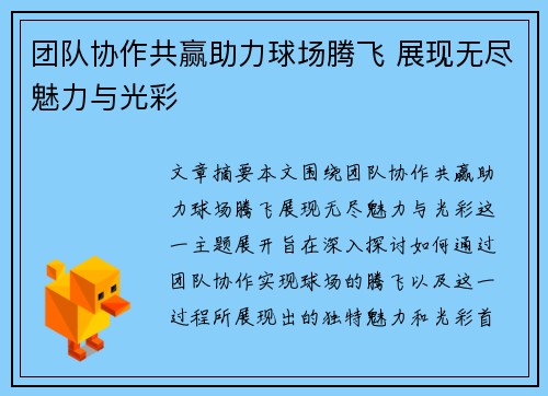 团队协作共赢助力球场腾飞 展现无尽魅力与光彩