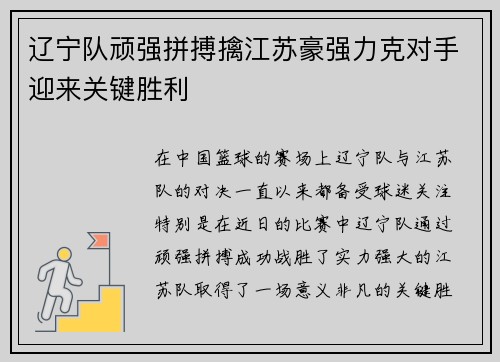 辽宁队顽强拼搏擒江苏豪强力克对手迎来关键胜利