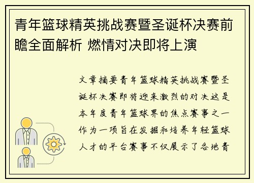 青年篮球精英挑战赛暨圣诞杯决赛前瞻全面解析 燃情对决即将上演